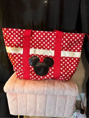 Disney Red White Polka Dot Tote Bag with Black Mouse Emblem